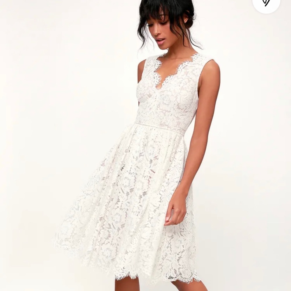 Love Swept White Lace Midi Skater Dress